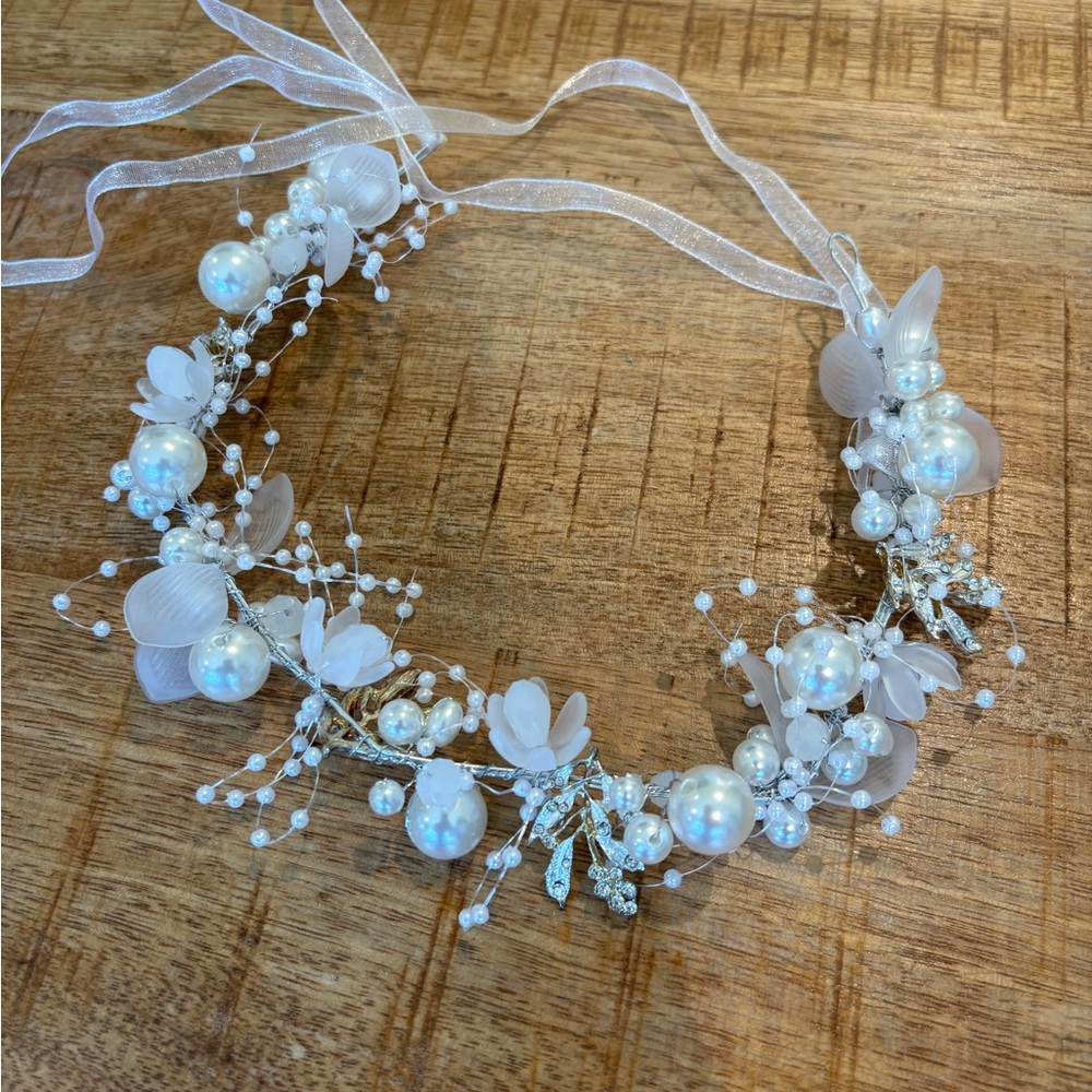 White Pearl Floral Headband One Size Communion / Flower Girl Toddler Dress